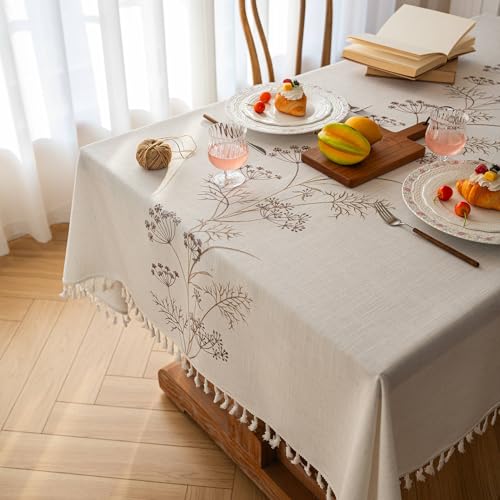 WLLDDDIU Nappe Rectangulaire Brodée Centrale, Lavable, en Coton et Lin, avec Pompons, Idéale pour La Salle À Manger, Les Pique Niques, Le Jardin, Le Balcon...