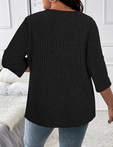 Image of Koscacy Women Plus Size V Neck 3 /4 Roll Sleeve Sweater Casual Knit Tops Solid Color Blouses
