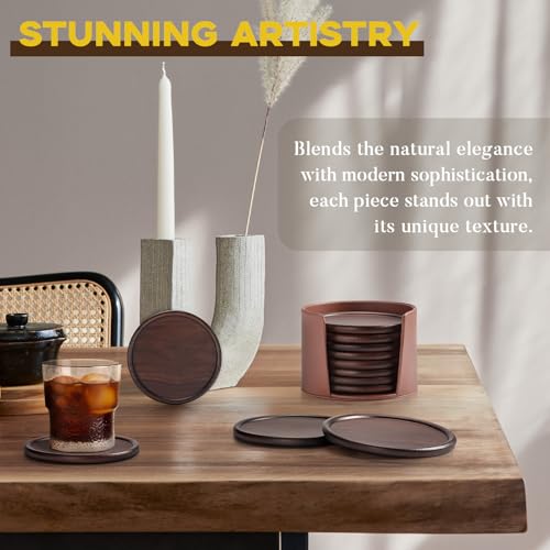 Wood Coasters with Leather Holder, GOH DODD Set of 8 Walnut Wooden Coaster Tabletop Protection for Drinks Coffee Table Home Kitchen Office Living Room Decor Housewarming Gifts Wedding Party, 4 Inch