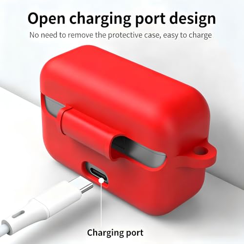 Image of Silicone Case for Realme Buds T500 Pro TWS Earbuds | Shockproof 360 Protective Cover | Heavy-Duty Carabiner Clip | LED Visible | Soft Anti-Slip & Lightweight Case (Red)