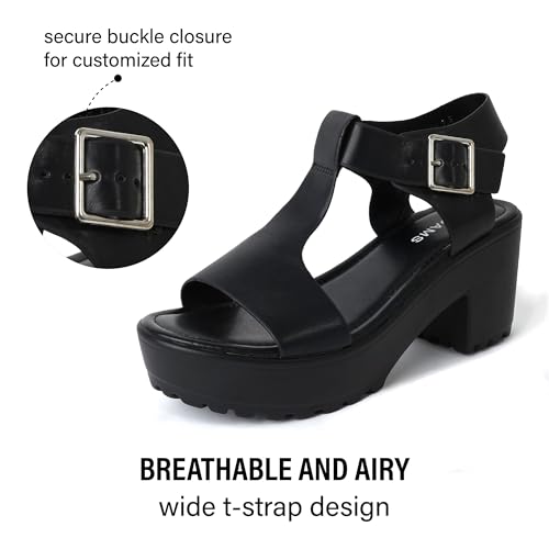 J. Adams Corby Platform Sandal - Low Heel T-Strap Open Toe Flatform Ankle Strap, Black Pu, 8.52