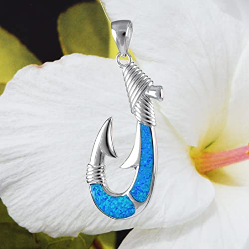 Unique Beautiful Hawaiian X-Large Blue Opal Fish Hook Necklace, Sterling Silver Opal Fish Hook Pendant, N4510A #TOP1