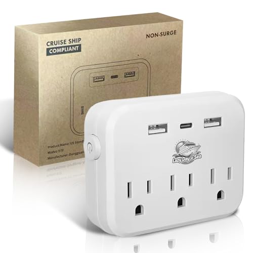 Cruise Ship Compliant Non-Surge Power Strip (6-in-1) – Outlet Extender with 3 AC Outlets, 2 USB Ports & 1 USB-C, 2500W, Approved for Carnival, Norwegian, Princess & Disney Cruises