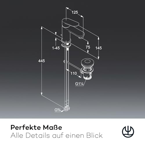 KLUDI-X1 Waschtischarmatur mit Zugstangen-Ablauf, Auslaufhöhe 75 mm, wassersparender Wasserhahn Bad Größe S, Keramikkartusche, Mischbatterie Waschbecken inkl. Anschlussschläuche in Chrom