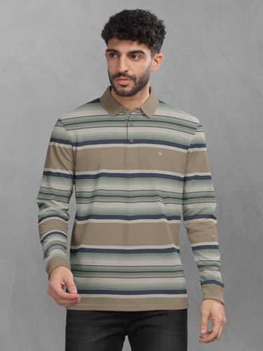 Image of BULLMER Striped Textured Printed Polo Neck Fullsleeve T-Shirt with Rib for Men