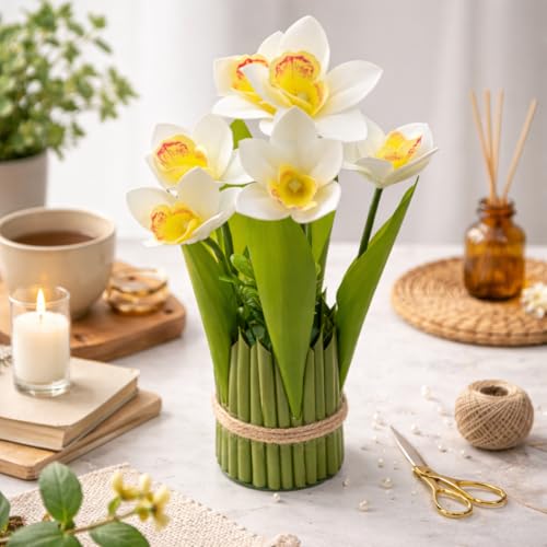 Image of CraftVatika White Orchid Artificial Flower Bouquet Decor, Realistic Orchid Flowers Bouquet Gift for Girls Faux Flowers for Table, Home Living Room Desk Decor, Wedding Anniversary Birthday Gift