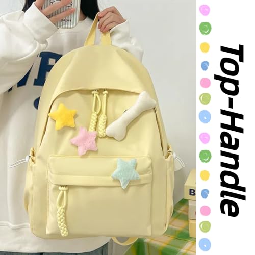 Cute Backpack with Colorful Pom Pom Star Patch Lightweight Rucksack Versatile Daypack for Work Travel Outings Daily Use (Yellow, Large)4