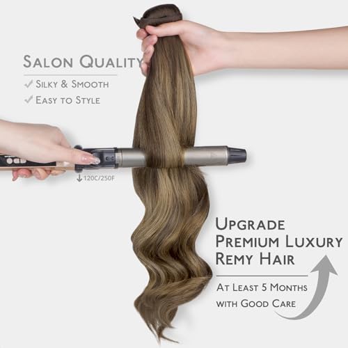 Image of WENNALIFE Invisible Edge Seamless Clip in Hair Extensions Real Human Hair | 20'' 150g 7pcs Balayage Chocolate Brown to Caramel Blonde. Ultra-Thin PU Weft, Easy Clip On Extensions, Comfortable