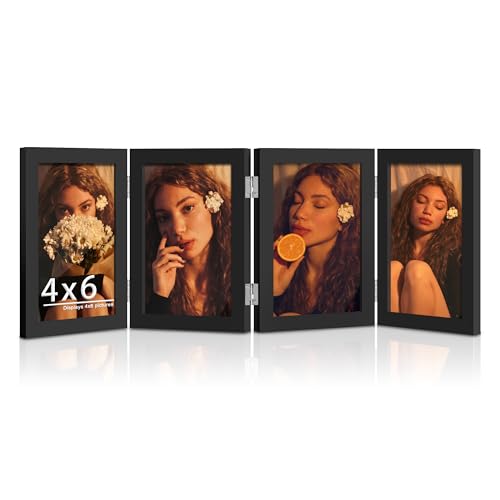 DUENPY 4 Folding 4x6 Picture Frame Horizontal Engineered Wood Accordion Photo Frame with Plexiglass Tabletop Bookshelf Display Black