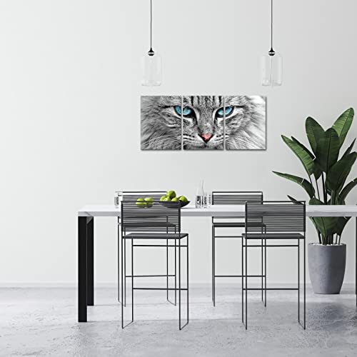 Nachic Wall - 3 Piece Black And White Wall Art Painting Blue Eye Cat Pictures Prints On Canvas Animal Pet Poster Wall Decor For Home Decoration Framed Ready To Hang #TOP2