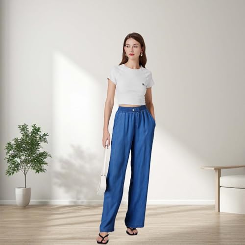 Womens Wide Leg Pull-On Jeans‌ with Elastic High-Rise Waist4