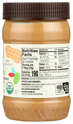 Image of 365 by Whole Foods Market, Organic Unsweetened Peanut Butter, 16 Ounce (Pack of 2)