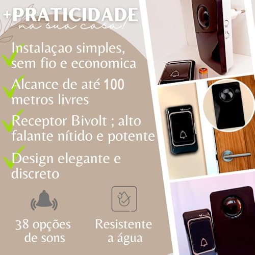 Campainha Sem Fio Prova D'água Bivolt Residencial Comercial ou Botão Emergencial Inteligente 38 Son