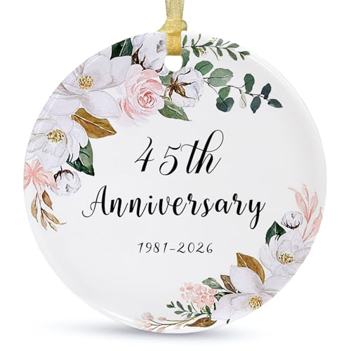 SIABERTERL 45th Anniversary Ornament 2026,45th Anniversary for Couple Parents,45 Years Anniversary Ceramic Ornament for Home Weddings with Ribbon and Love Color Gift Box