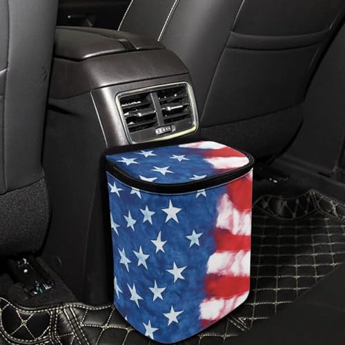 Image of Talayituse American Flag Tie Dye Print Car Trash Bin, Large Size Auto Trash Can Adjustable Portable Garbage Can with Lid, Vehicle Hanging Bag for Headrest Front Back Seat