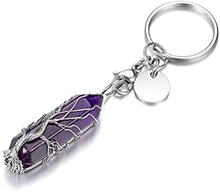 JSDDE Amethyst Healing Crystal Stone Keyring Silver Tree of Life Wire Wrapped Hexagonal Crystal Points Pendant Keychain