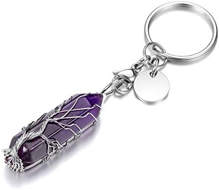 MANIFO Tree of Life Wire Wrapped Crystals Keyring Healing Amethyst Stones Hexagonal Crystal Gemstone Points Pendant Keychain