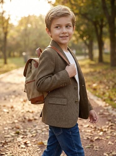 Image of Tweed Herringbone Boys Blazer Classic Jacket for Kids Casual Sport Coat | Wrinkle-resistant for easy care. Soft breathable fabric delivers comfy wear, classic pattern fits all formal events.