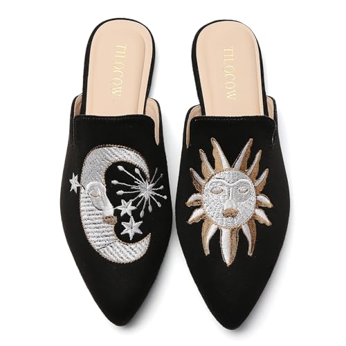 Image of Tilocow Women's Pointed Toe Flat Mules Backless Slip On Loafers