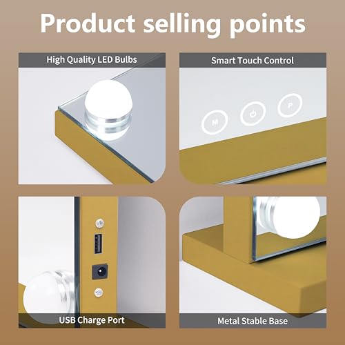 Image of Vanity Mirror with Lights 19.7''x16.6'' Makeup Mirror with Lights Lighted Up Mirror with Dimmable LED Bulbs,3 Color Lighting Modes,USB Charging Port Touch Control,Sturdy Metal Frame Design,Gold