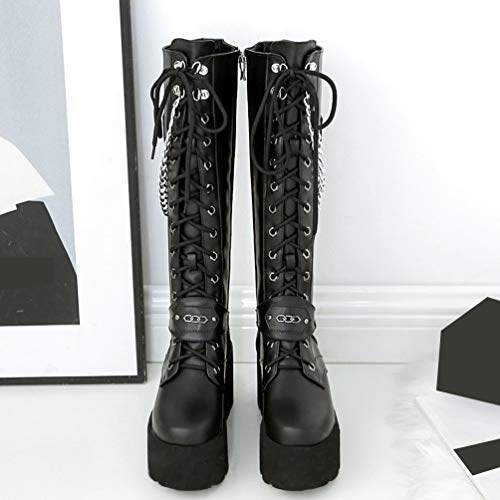KOKOMOMO Womens Chains Goth Platform Boots Lace Up Chunky Heel Knee High Combat Military Boots3