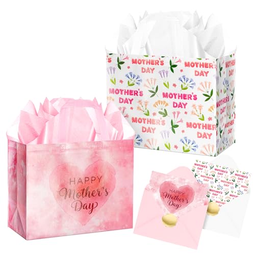 XiaosRen 2Pcs Large Happy Mothers Day Bags with Card and Tissue Paper Reusable Non-Woven Gift Bags with Handles for Mothers Day Party Supplies.