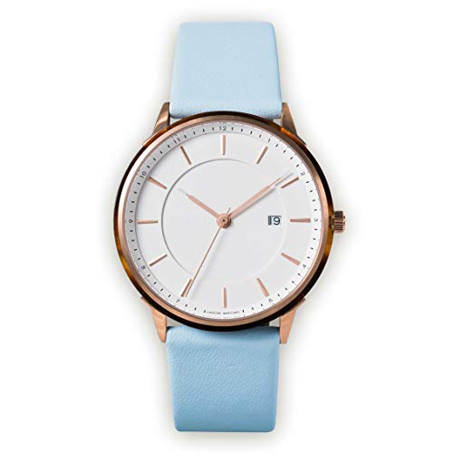 Montre suisse quartz Lagom BÖRJA en acier or rose et acétate tortue blanc d'une élégance rare