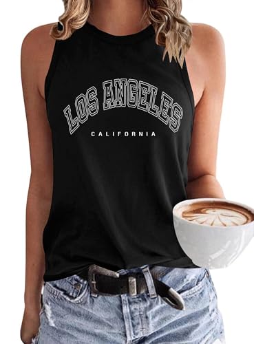 WNEEDU Damen Tank Top Ärmellos - Oberteile Sommer Tanktops Rundhals Blusentop Vest Top Bluse Basic Schwarz Los Angeles M