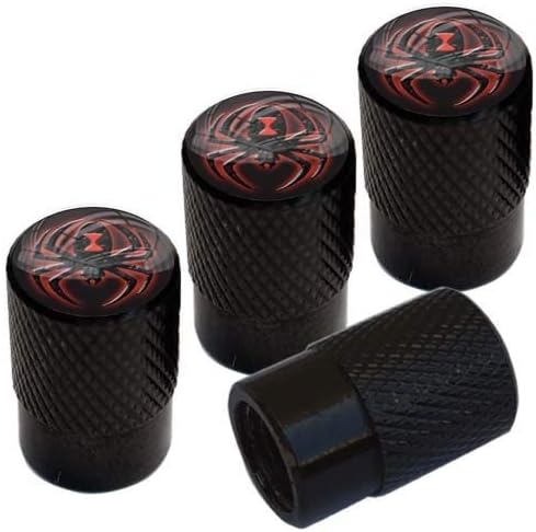 TRICKTOPPERS Vivid Black Anodized Billet Aluminum Tire Wheel Valve Stem Dust Caps for Cars Trucks Trailers SUV's RV's Motorcycles Bikes and More (Set of 4) Red Black Widow Spider