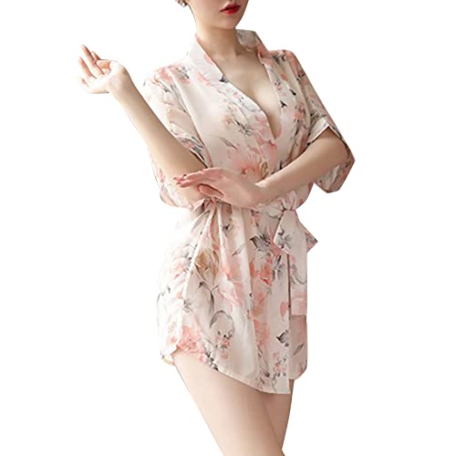 Dinglong Lencería de Mujer Kimono de Encaje Albornoces Camisones Sexy Mini camisón con Cuello en V Ropa de Dormir Vestido Playero Mariposas Ropa Sexy Mujer Vestidos Playa Mujer Tallas Grandes