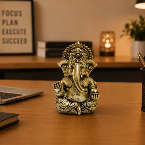 Image of Gold Art India Lord Ganesha Idol with Premium Velvet Gift Box | Decorative Ganpati Murti for Home Temple, Office Desk, Car Dashboard & Spiritual Gifting