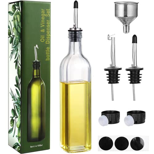 Glass Olive Oil Dispenser Bottle Set, 500ml Clear Oil and Vinegar Cruet with Pourers, Funnel and Labels for Kitchen (Clear)