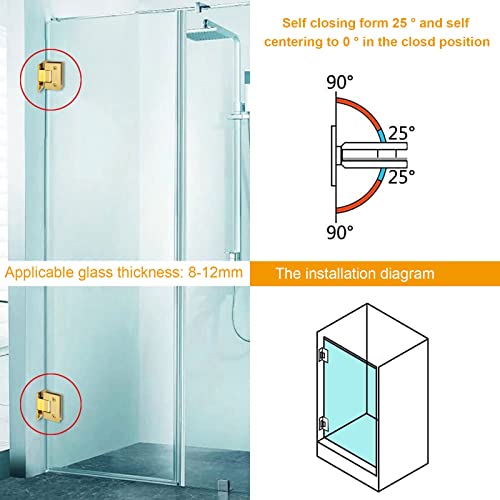 2Pack Glass Shower Door Hinges, Stainless Steel 90 Degree Shower Hinges Replacement Parts With Mounting Hardware, Bathroom Gate Clamp For 3/8” To 1/2”Glass, Gold #TOP4