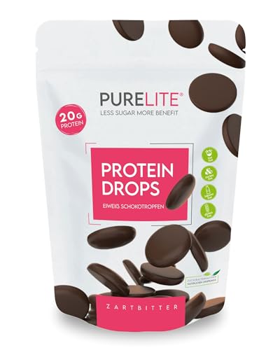 PURELITE Protein Drops Zartbitter, vegan, Low-Carb, proteinreich (20 g/100 g), ohne Zuckerzusatz, mit Erythrit & Stevia, zum Snacken, Backen, Fondue, Kuvertüre, 450g