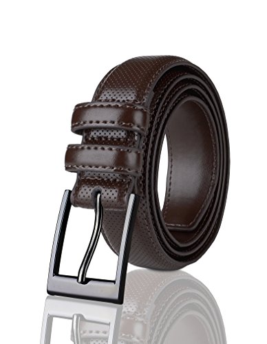 Sportoli Men's Classic Stitched Genuine Leather Uniform Dress Buckle Belt - Brown Perforated - Size 38 (Waist 36)