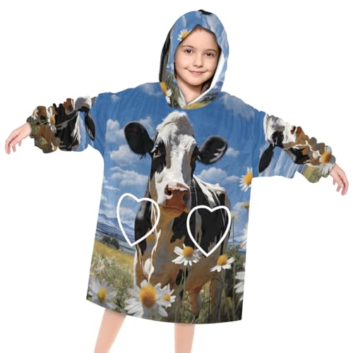Pardick Wearable Blanket Hoodie for Kids, Sunflower Cow Fleece Sweatshirt Blanket Oversized Blanket Sweatshirt with Pocket Flannel Warm Hooded Blanket 6-10 Year Old Girl Boy Gift, One Size