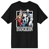 Neon Genesis Evangelion Children Pilots Group Art Crew Neck Short Sleeve Men's Black T-Shirt-Large