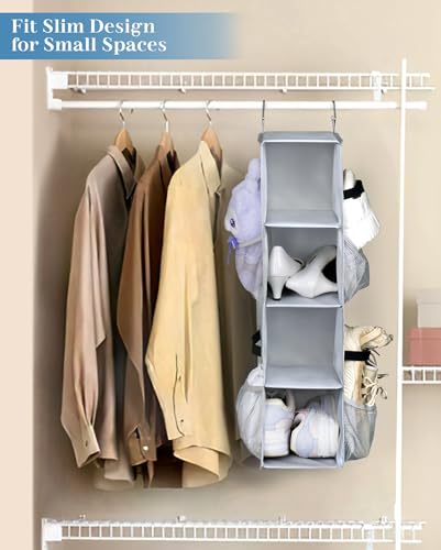 Shoe Organizers for Closet Storage: Hanging Short Organizer with Side Pockets (Grey) and Stackable Long 3-Tier Rack (Black)