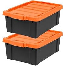IRIS USA 12 Gallon Lockable Storage Bins with Lids, 2 Pack - Made in USA, Heavy Duty, Stackable Containers, Garage Organizing Bins Moving Tubs, Rugged Sturdy Equipment Utility Box - Black/Orange