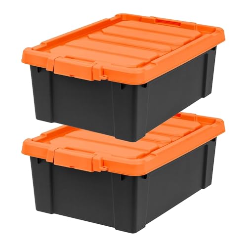 IRIS USA 12 Gallon Lockable Storage Bins with Lids, 2 Pack – Made in USA, Heavy Duty, Stackable Containers, Garage Organizing Bins Moving Tubs, Rugged Sturdy Equipment Utility Box – Black/Orange
