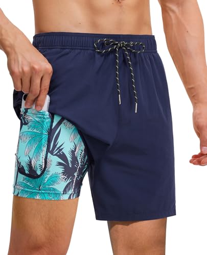 Image of Gleeease 7inch Mens Swim Trunks 2 in 1 with Compression Liner Pockets Drawstring Quick Dry Stretch Lined Funny Beach Pool