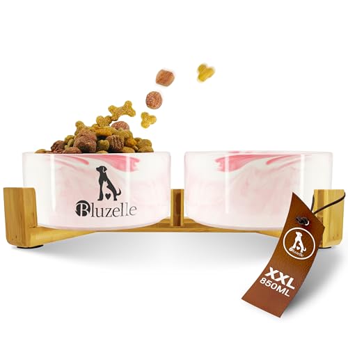 bluzelle Ciotola Cane 2-in-1 XXL, Ciotole Ceramica 850ml con Struttura in bambù, Doppia Ciotola Rialzata per Cani e Gatti, Antiscivolo, Lavabile in Lavastoviglie e Microonde, Colore:Marmo Rosa