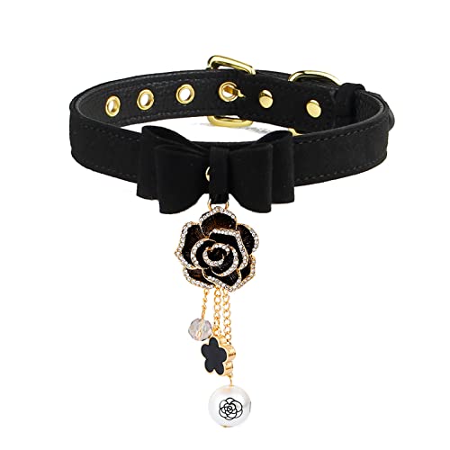 Leather Collar Necklace for Women with Bow Bell Kitty Cat and Delicate Tea flower pearl pendant Choker for Ladies Black Pink Red