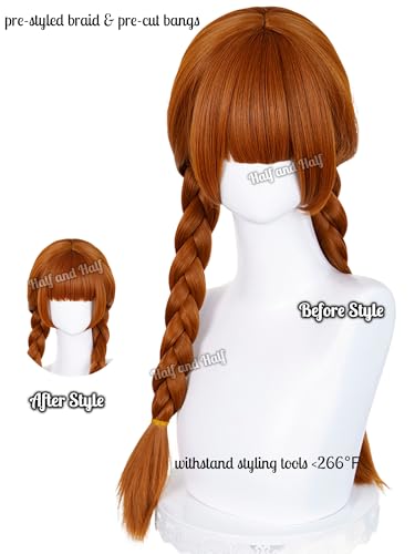 Image of Half and Half Long Orange Brown Braided Wig with Bangs for Women 27.5'' Copper Brown Twin Braids Wigs Pigtail Wig Hair for Halloween Party Costumes