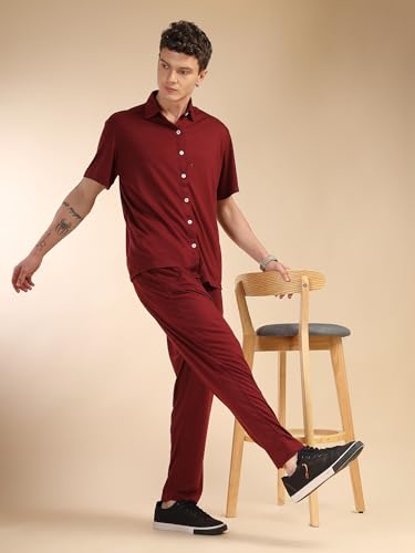 Image of Thomas Scott Men's | Relaxed Fit | Solid | 100% Polyester | Co-Ord Set With Short Sleeves & Spread Collar
