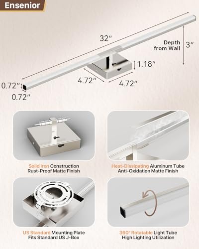Image of Ensenior Modern Brushed Nickel Bathroom Vanity Light 32 inch, Built-in Dimmer, 1450LM Dimmable 5CCT Led Bath Lights, Bar Vanity Light for Bathroom Mirror Cabinets Bedroom-FCC & ETL Certificated