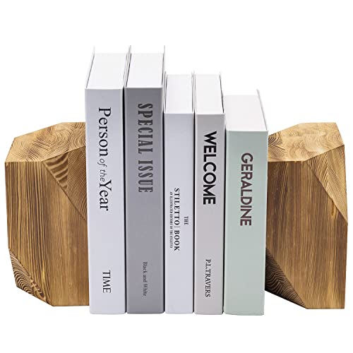 MyGift Brass Wood Decorative Bookends Triangular Design, Office Desk Wooden Book Ends, Book Stand for Shelves with Tone Ring Accent