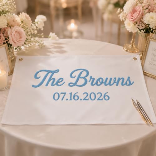 Image of Personalized Wedding Banner with Custom Last Name and Date, Canvas Custom Guest Book with Hand Embroidered Wall Hanging, Reception Decor, Bridal Shower Decoration, Keepsake Gift for Couples