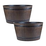 Homestead Brown Half Barrel Cask Planter - Large, Set of 2 Pots - 22cm (H) x 40cm (Dia) - Suitable for Indoor or Outdoor Use.