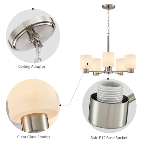 Image of WUZUPS 5-Light Pendant Chandelier Light Frosted White Glass Shade with Grain Ceiling Lighting Elegant Modern Fixture Bathroom Kitchen Dining Room Entry Foyer, H 15.8 inch W21, E12 Base, Brushed Nickel
